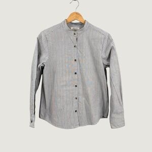 Shuttle Notes Button Up Shirt Womens Blue Striped Band Collar